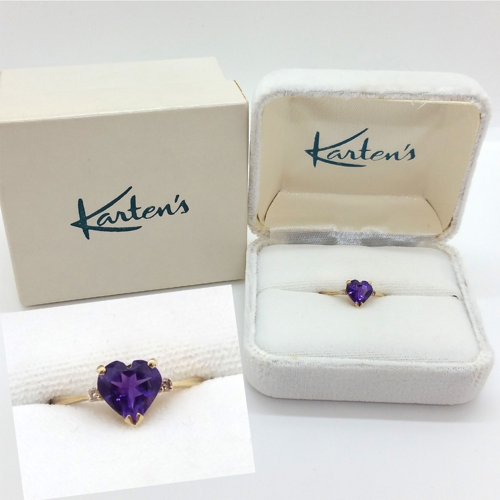 Amethyst Heart & Diamond Accents Gold Ring Sz 6.75